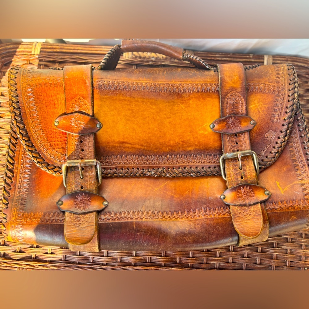Vintage Tooled Leather Briefcase Mexican Satchel